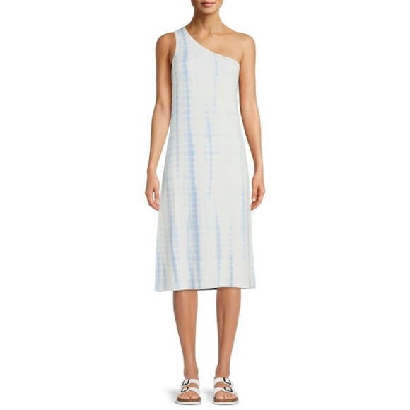 ❤️‍🔥 NWT Time & Tru Blue/White Tie Dye Print One Shoulder Midi Dress Size XXL/20 - Picture 1 of 11